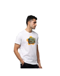 Retro Radio Greys and Blues Pima Round Neck T-shirt - White